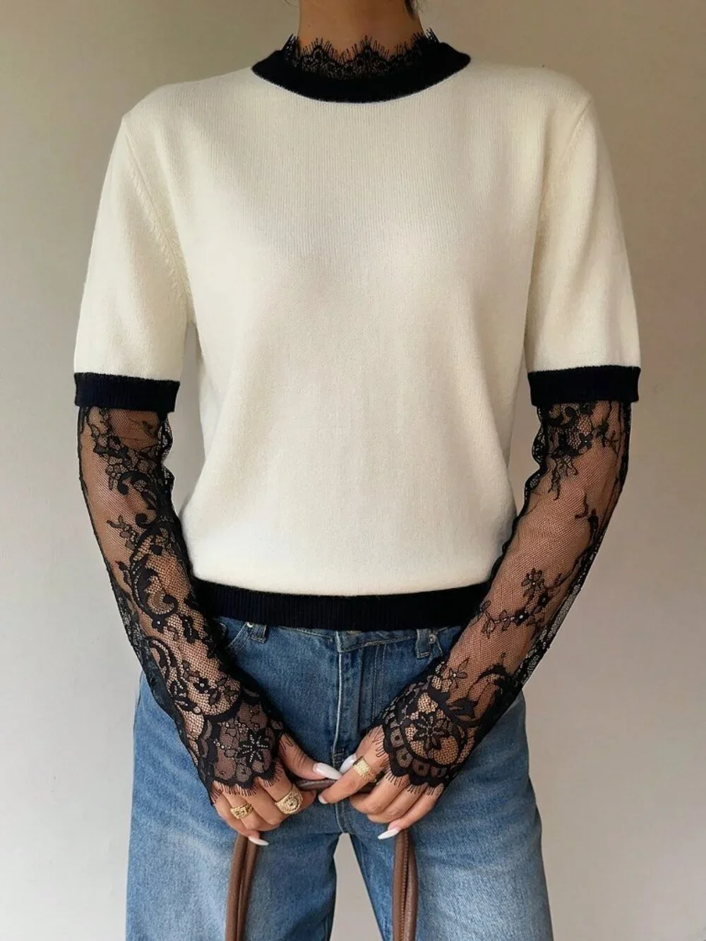 Apricot Casual Women's Contrast Lace Ruffle Drop Sleeve Round Neck Sweater